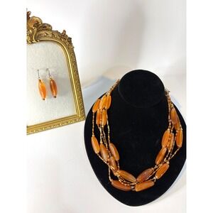 Amber Orange Multi Strand Beaded Necklace and Drop Earring Set Boho Jewelry